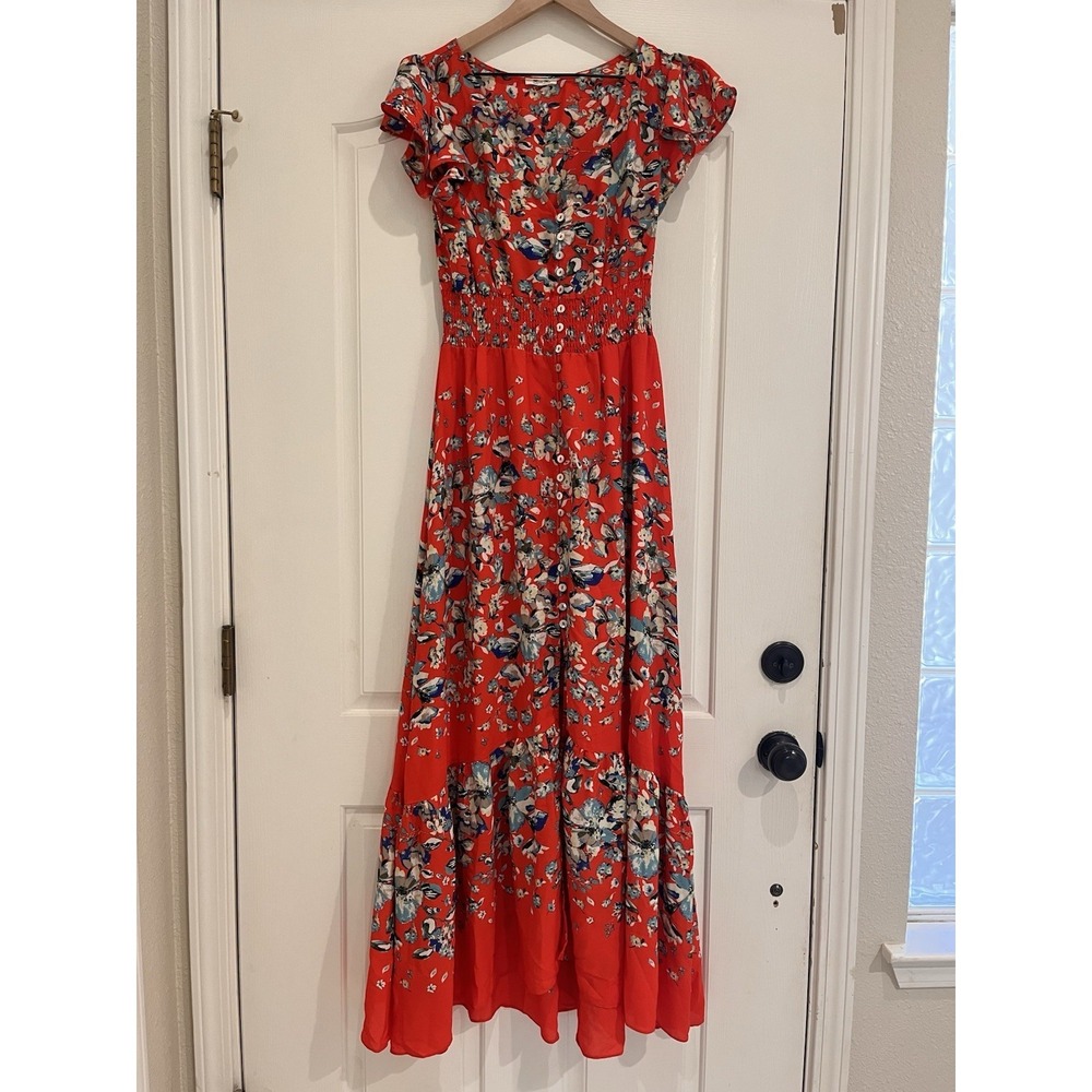 Miss Me Vibrant Maxi M Smocked Button Flowy Tiered Floral All Over Print Garden - Picture 2 of 7